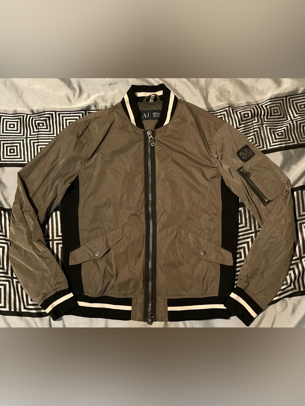 Armani Jeans Olive Bomber with Black & White Trim